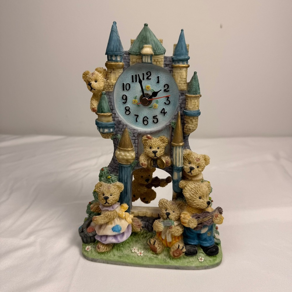 Vintage Teddy Bear Castle‎ Resin Table Clock Nursery Decor Figurine